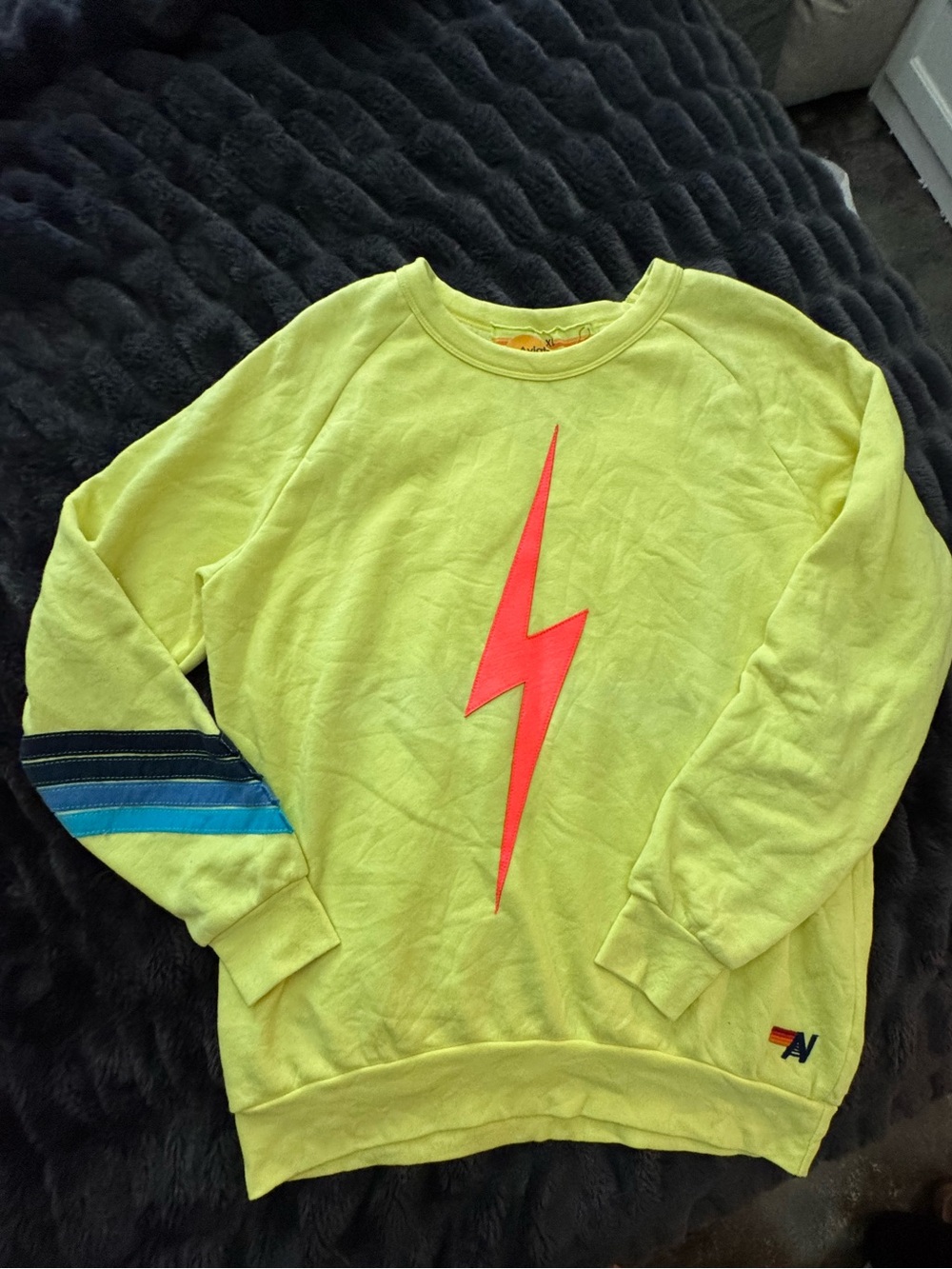 Aviator Nation Neon Yellow Lightning Bolt Crewneck with Blue Stripe Sleeve